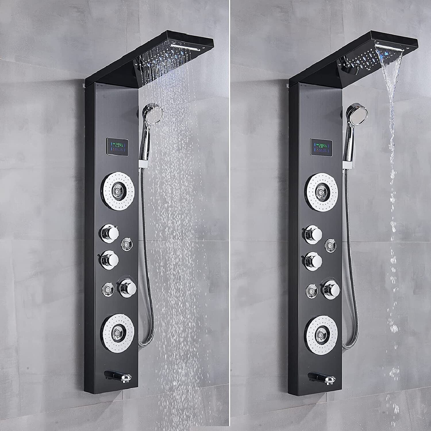 Shower Panel Tower System, 5 in 1 Stainless Steel LED Shower Column, Rainfall & Waterfall Head, Massage Jets Spa Pallazi