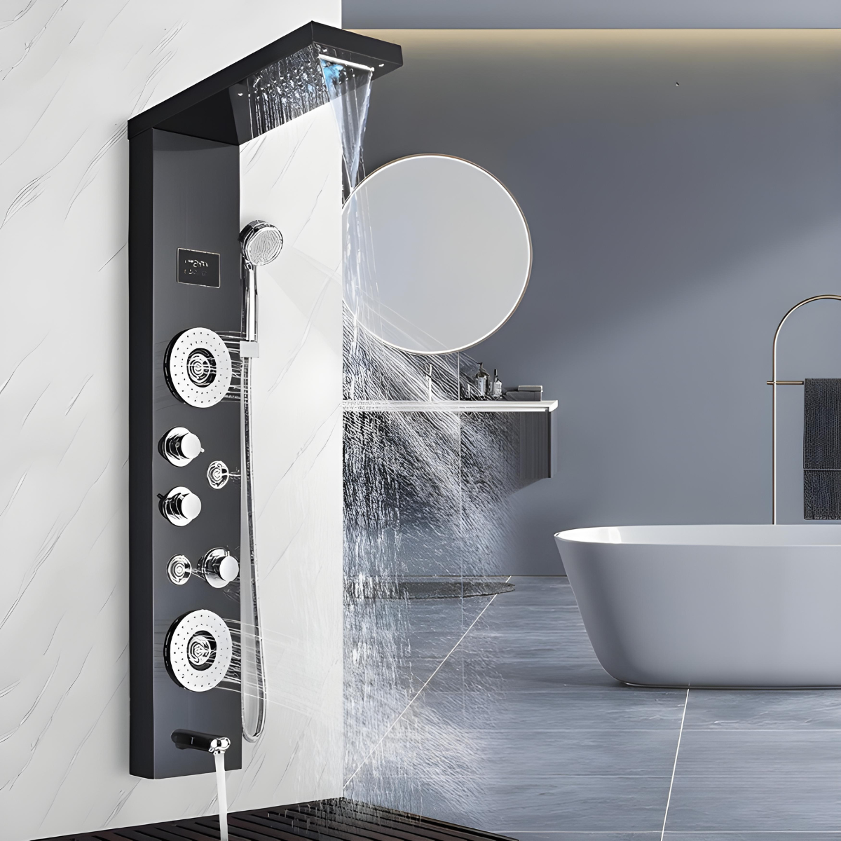 Shower Panel Tower System, 5 in 1 Stainless Steel LED Shower Column, Rainfall & Waterfall Head, Massage Jets Spa Pallazi