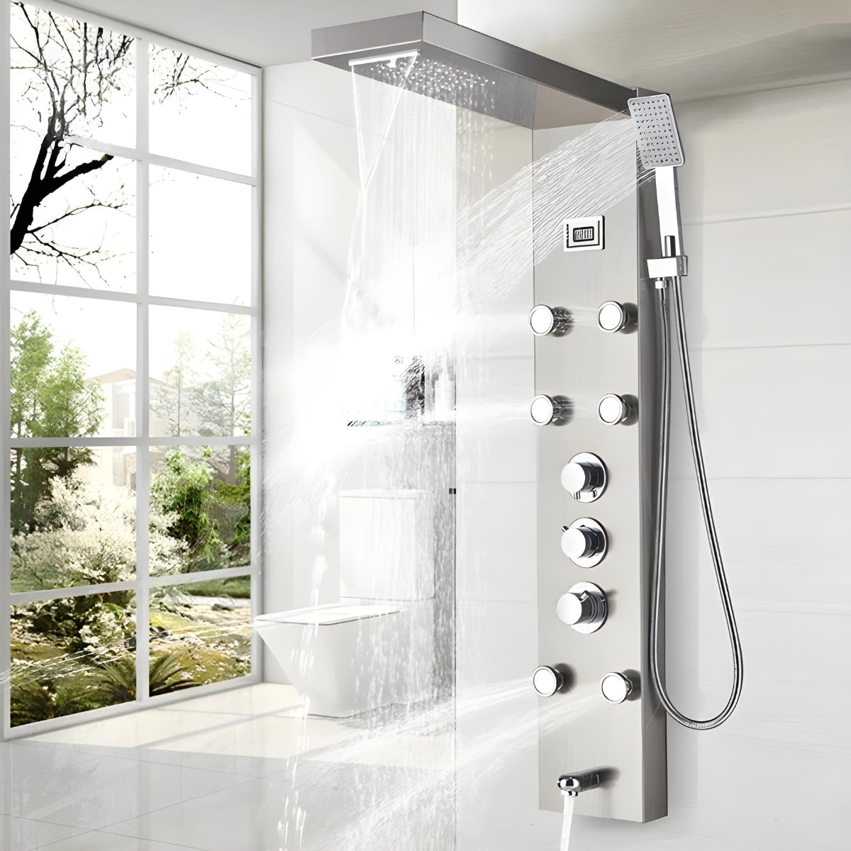 Stainless Steel Shower Panel Tower System,LED Shower Head 5-function Massage System with Body Jets
