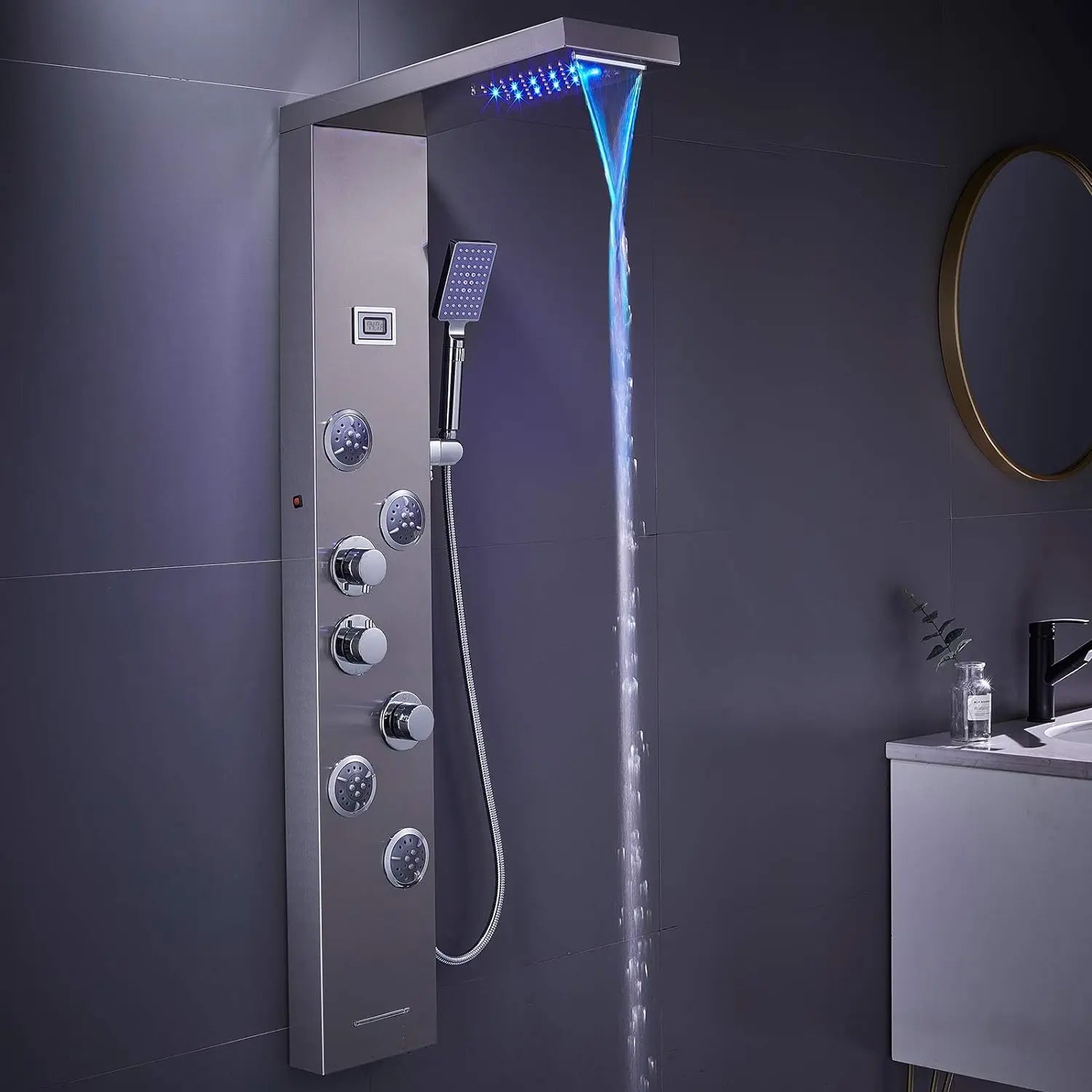 Shower Panel Tower System, 6 in 1 Stainless Steel LED Shower Column, Rainfall & Waterfall Head, Massage Jets Spa Myst
