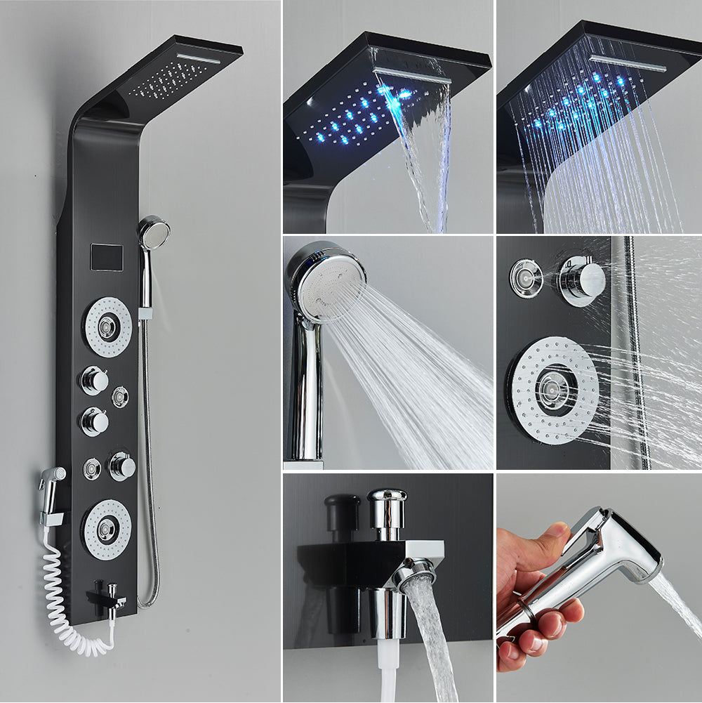 Stainless Steel Shower Panel Tower System,LED Shower Head 6-function Massage System with Body Jets